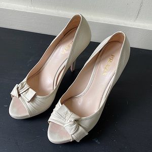 Prada Open Toe Platform Heel with Leather Bow Size 38 1/2